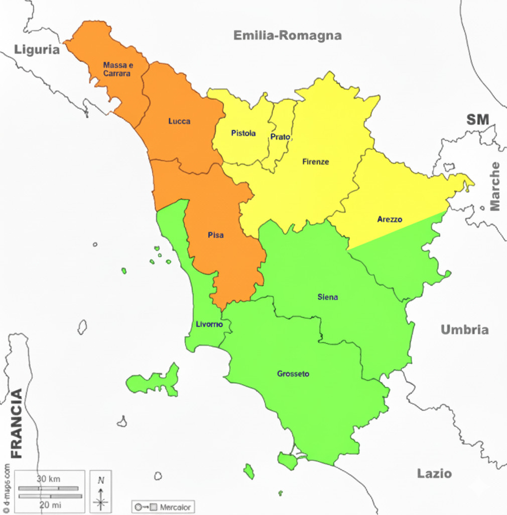 Mappa copertura territoriale BEVLINK: Toscana e Umbria suddivise per zone di competenza